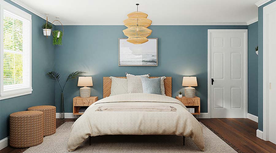 Schlafzimmer mit blauer Wandfarbe